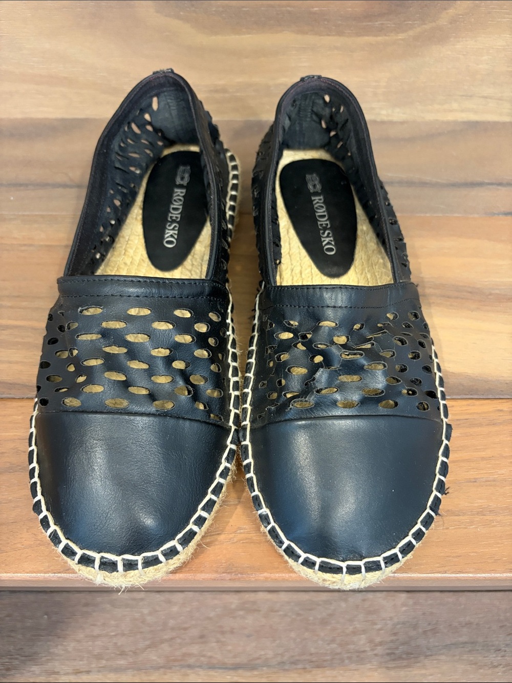 RodeSko Black Perforated Leather Espadrille Slip-Ons